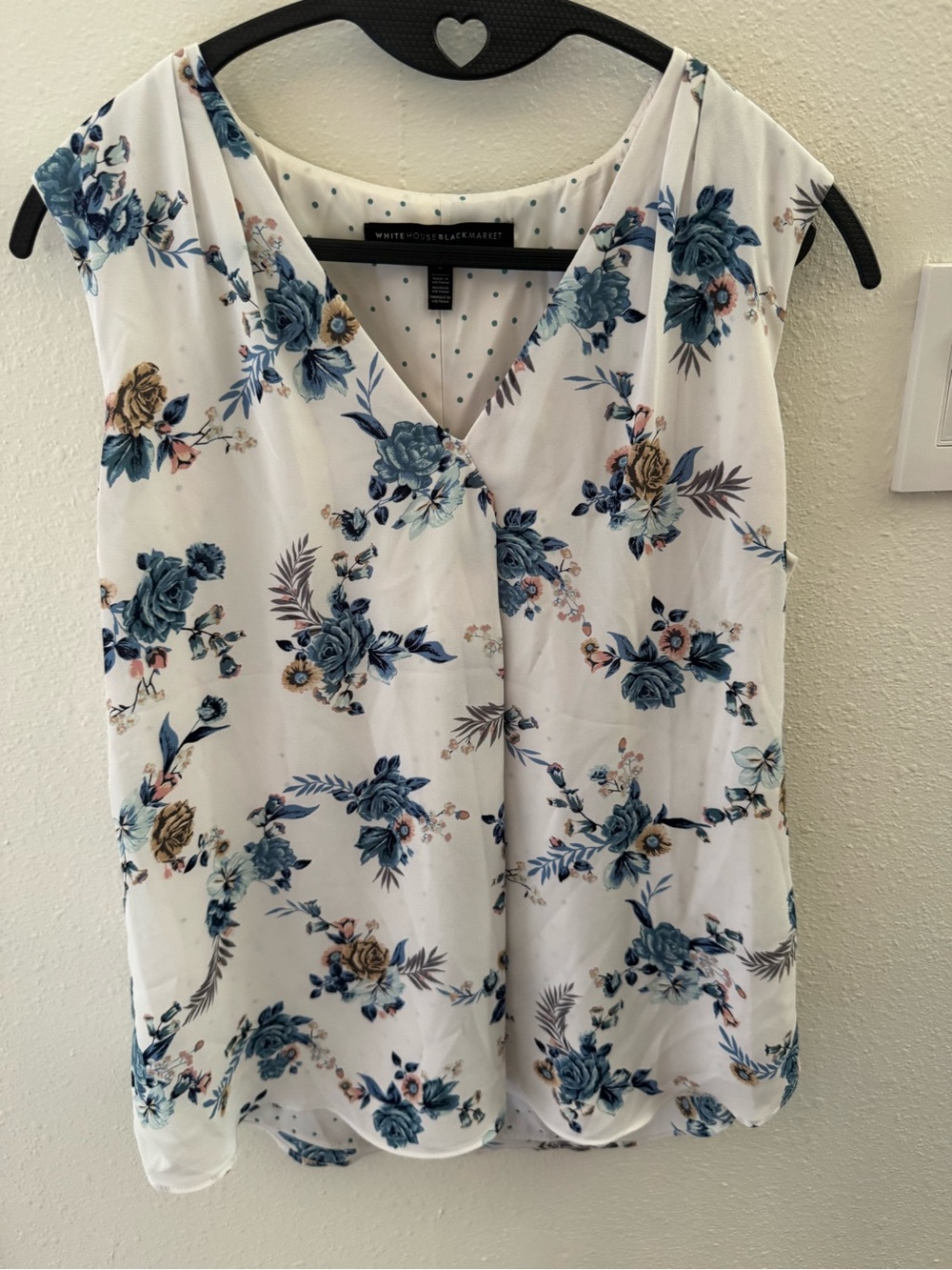 White House Black Market White Floral V-Neck Camisole with Blue and Tan Accents